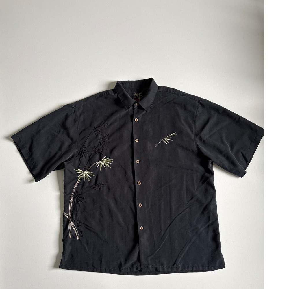Bamboo Cay Mens XL Black Embroidered Bamboo Short Sleeve Button Down Shirt Korea